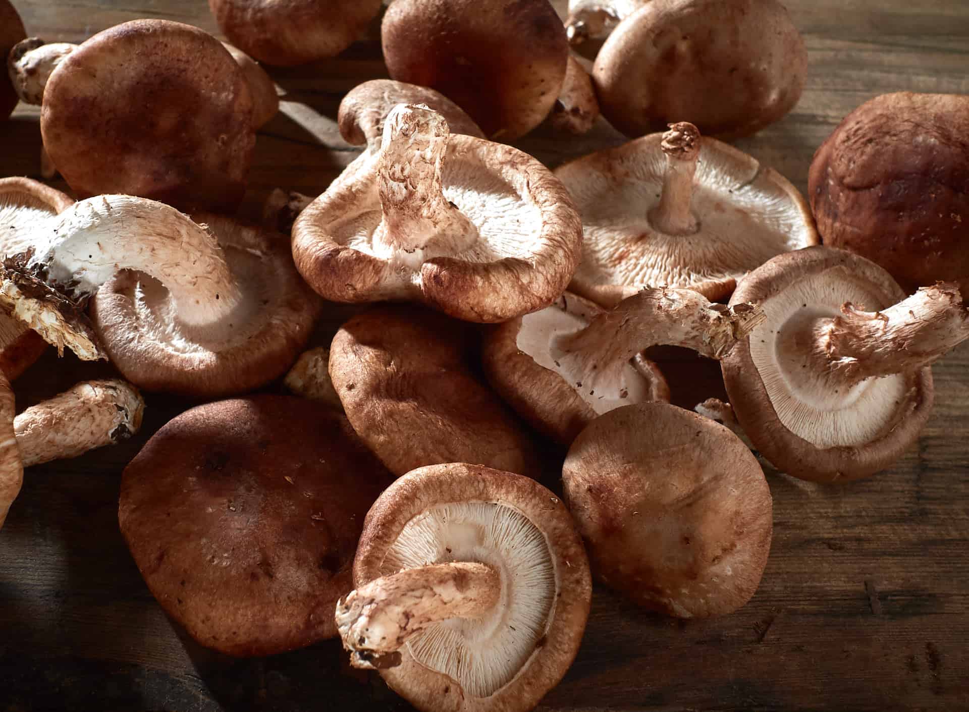 Shitake mushrooms on wooden background
